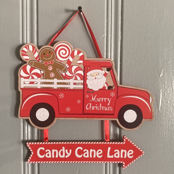 NWT Wooden Glitter Merry Christmas Santa Truck Candy Cane Lane➡️ Decoration Sign - Picture 1 of 12